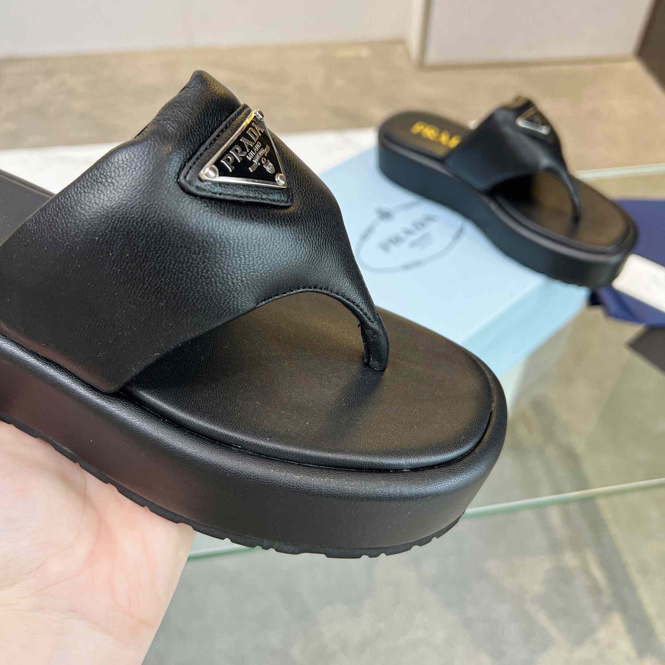 Prada Soft Padded Nappa Leather Thong Wedge Sandals - DopestKickz