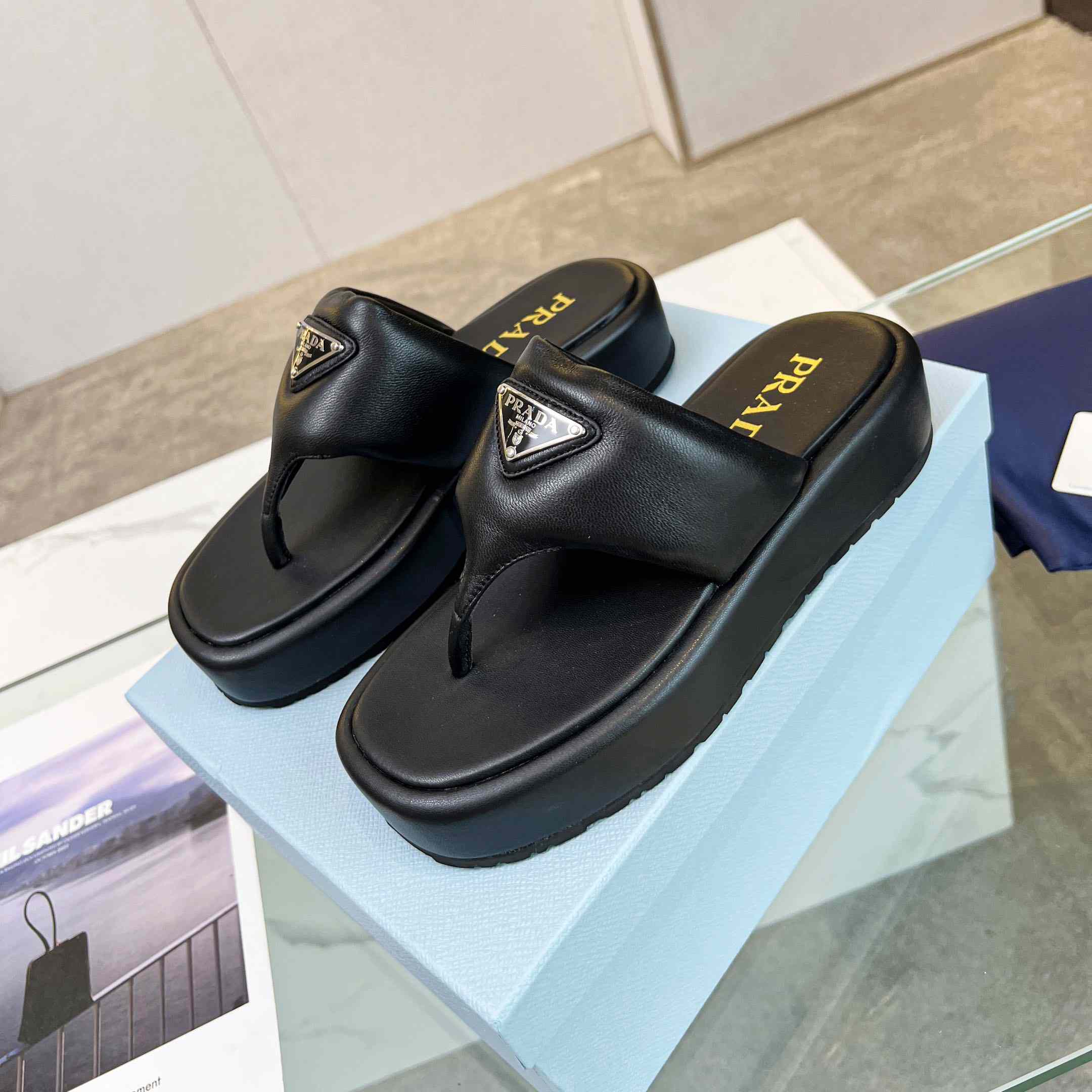 Prada Soft Padded Nappa Leather Thong Wedge Sandals - DopestKickz