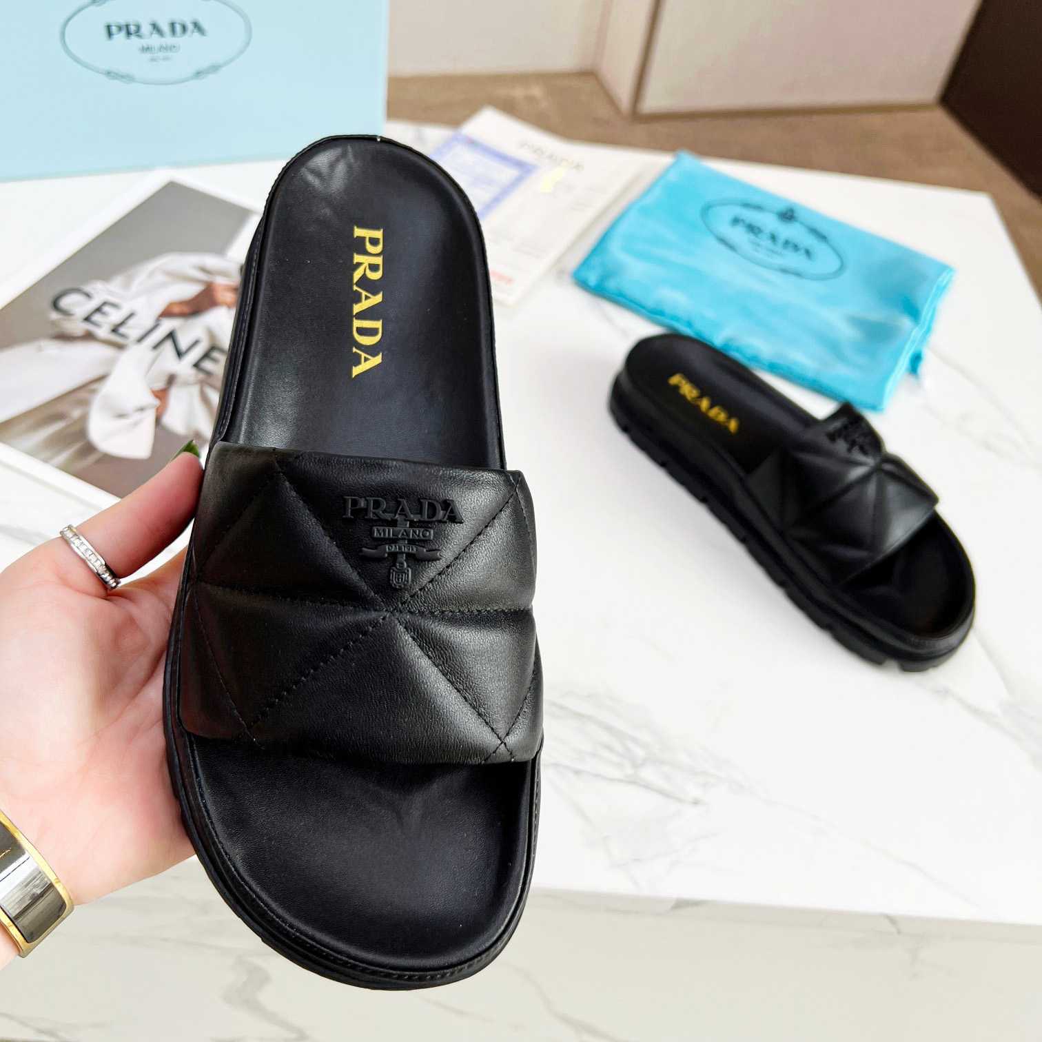 Prada Quilted Nappa Leather Slides - DopestKickz