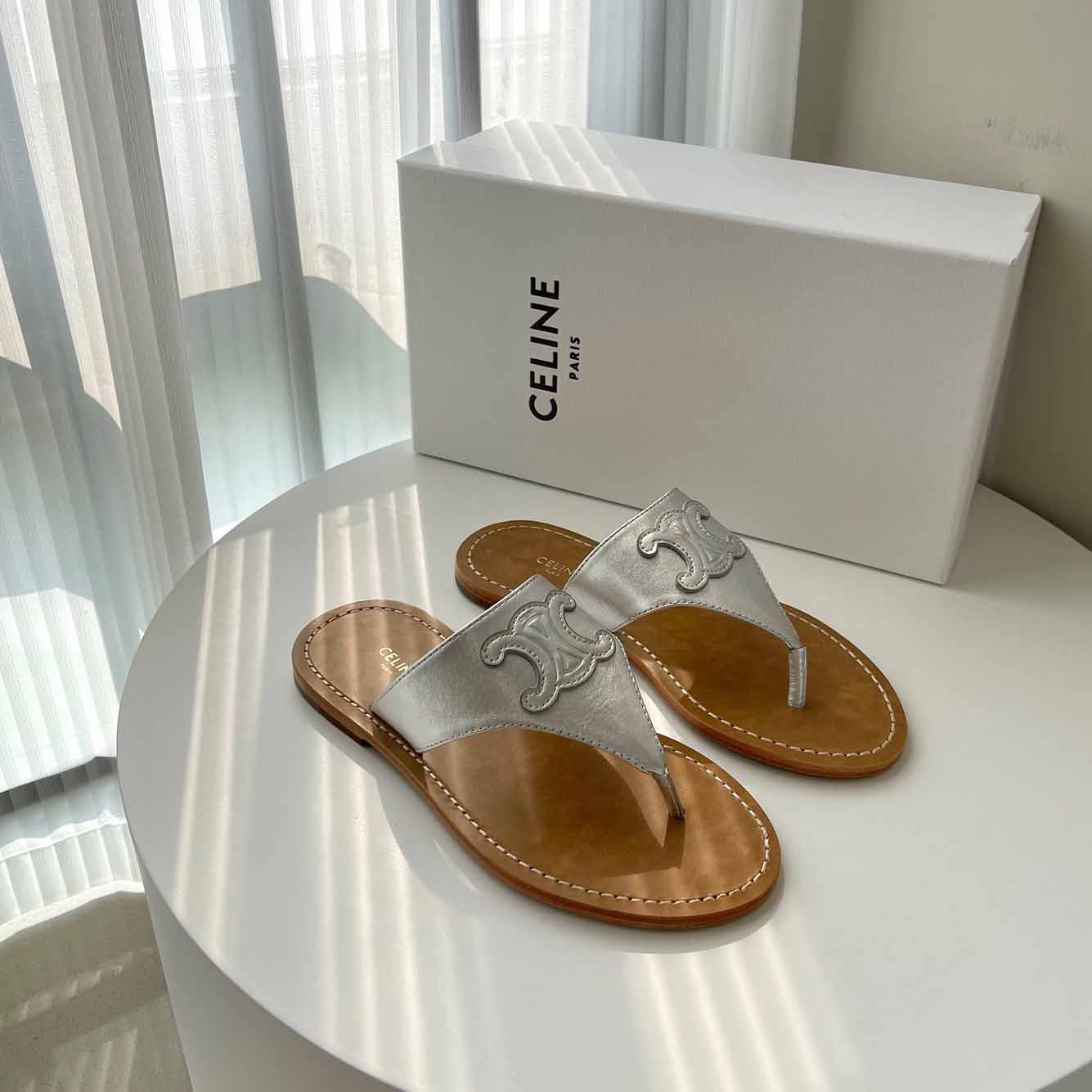 Celine Triomphe Flat Thong In Metalized Calfskin Silver - DopestKickz