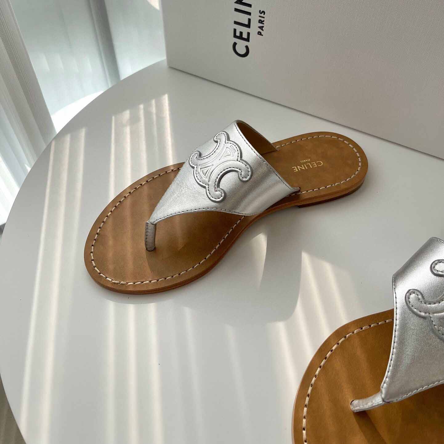 Celine Triomphe Flat Thong In Metalized Calfskin Silver - DopestKickz