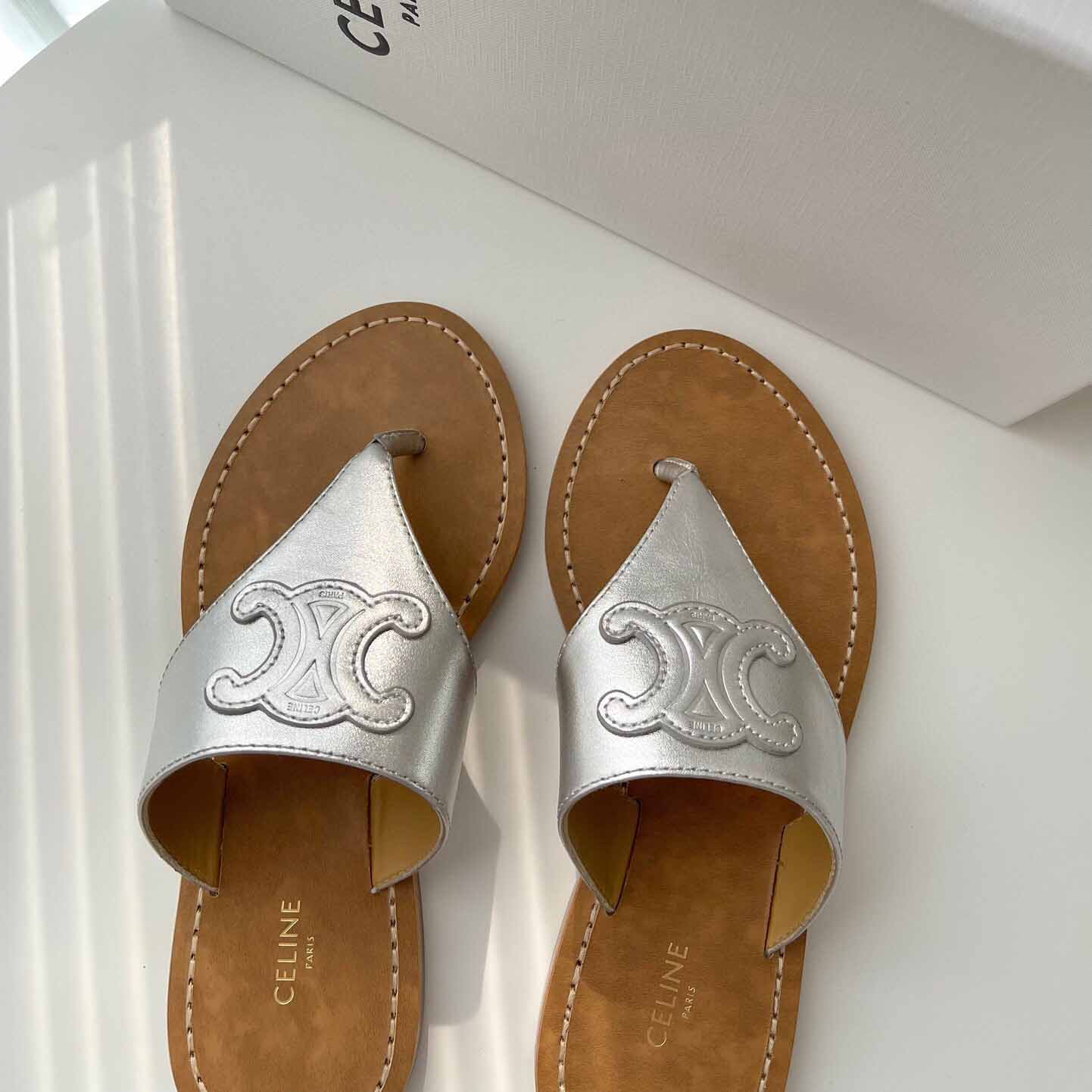 Celine Triomphe Flat Thong In Metalized Calfskin Silver - DopestKickz
