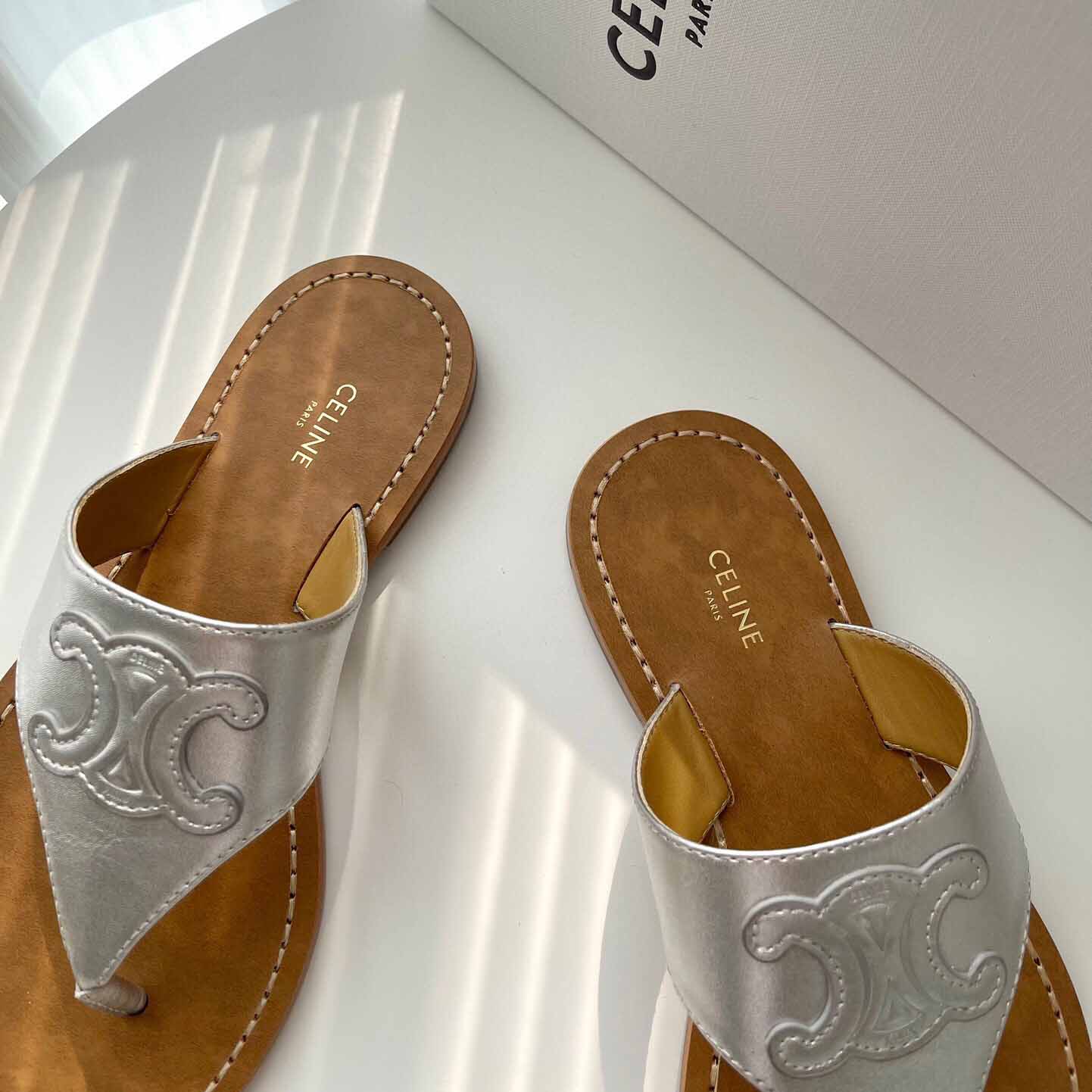 Celine Triomphe Flat Thong In Metalized Calfskin Silver - DopestKickz