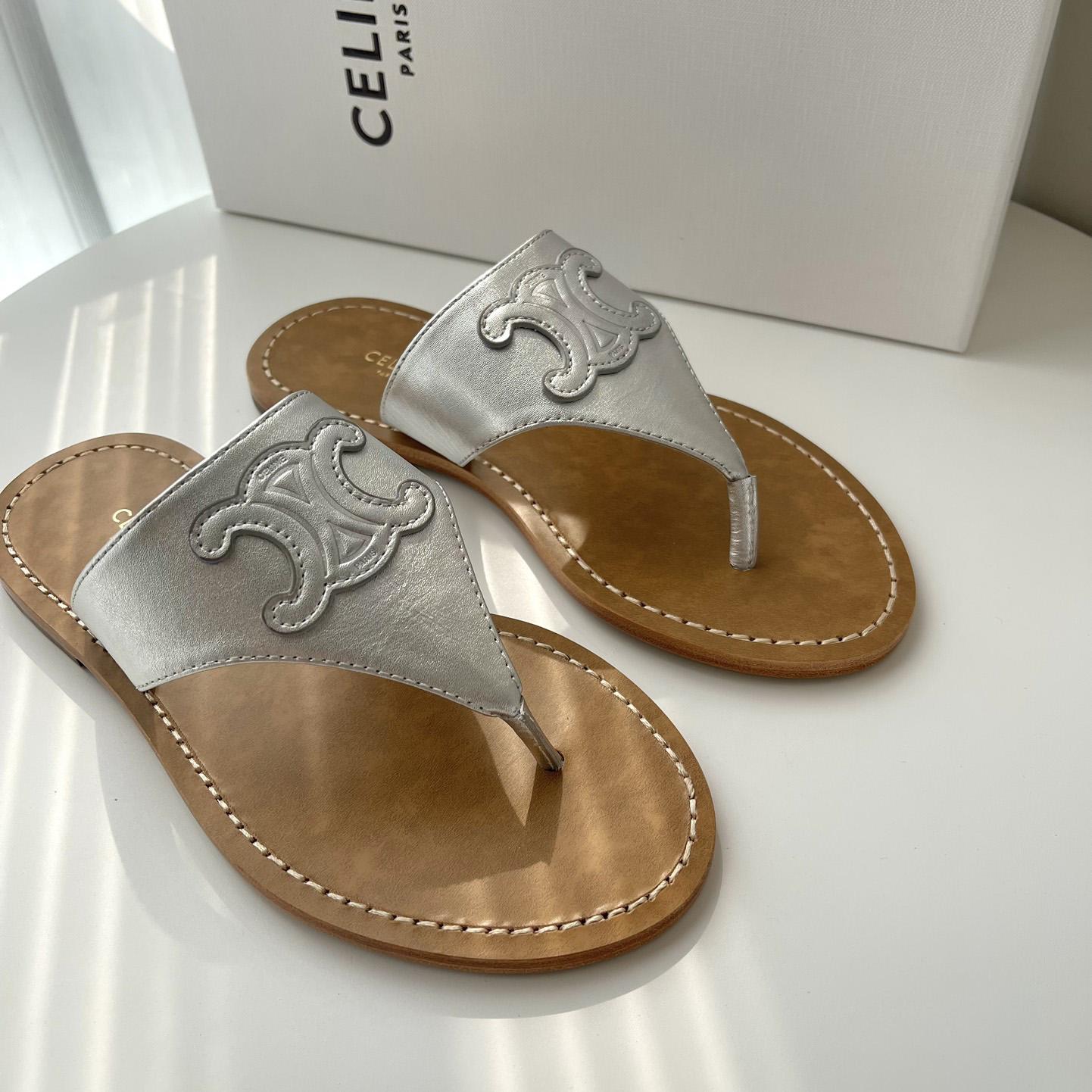 Celine Triomphe Flat Thong In Metalized Calfskin Silver - DopestKickz