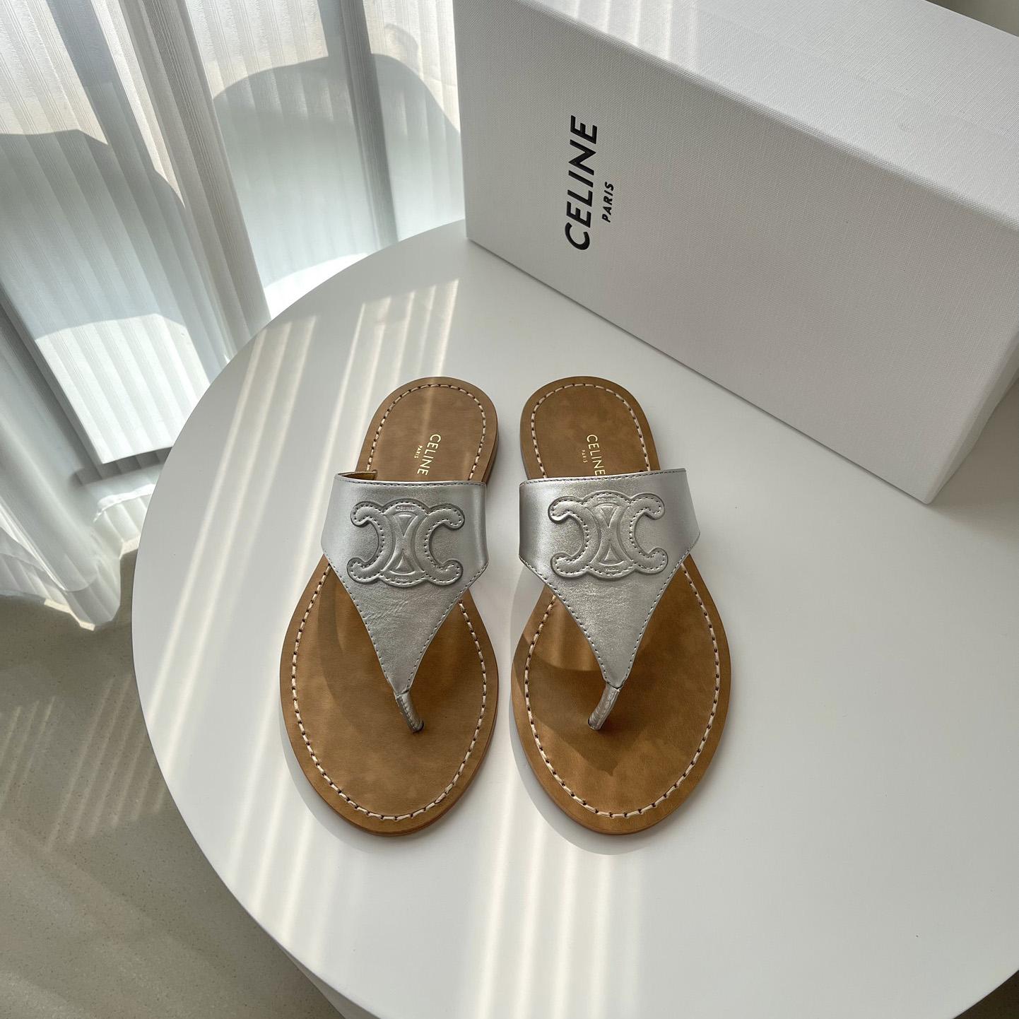 Celine Triomphe Flat Thong In Metalized Calfskin Silver - DopestKickz