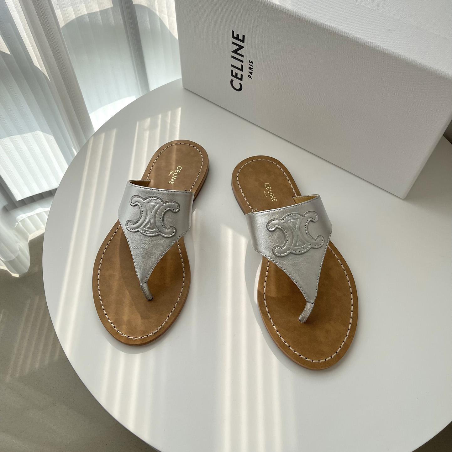 Celine Triomphe Flat Thong In Metalized Calfskin Silver - DopestKickz