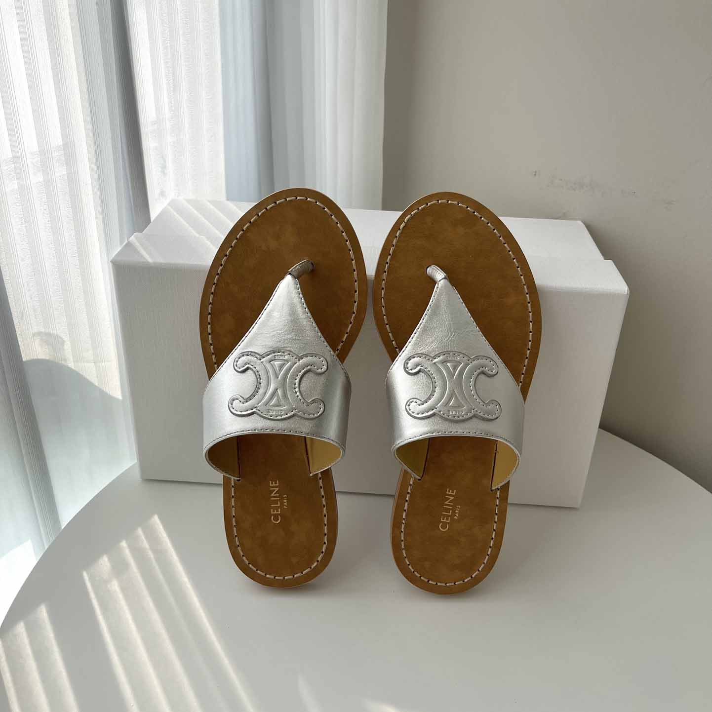 Celine Triomphe Flat Thong In Metalized Calfskin Silver - DopestKickz