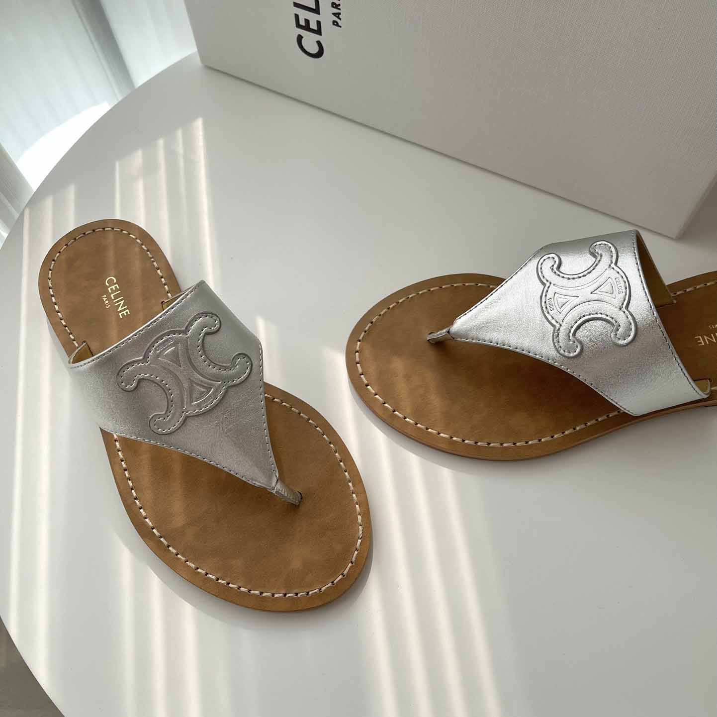 Celine Triomphe Flat Thong In Metalized Calfskin Silver - DopestKickz