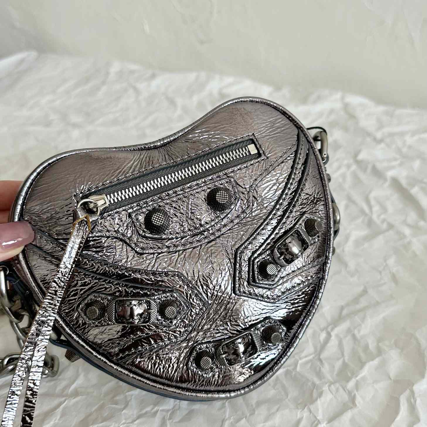 Balenciaga Le Cagole Heart Mini Bag Metallized In Silver (16-12.7-4.5cm) - DopestKickz