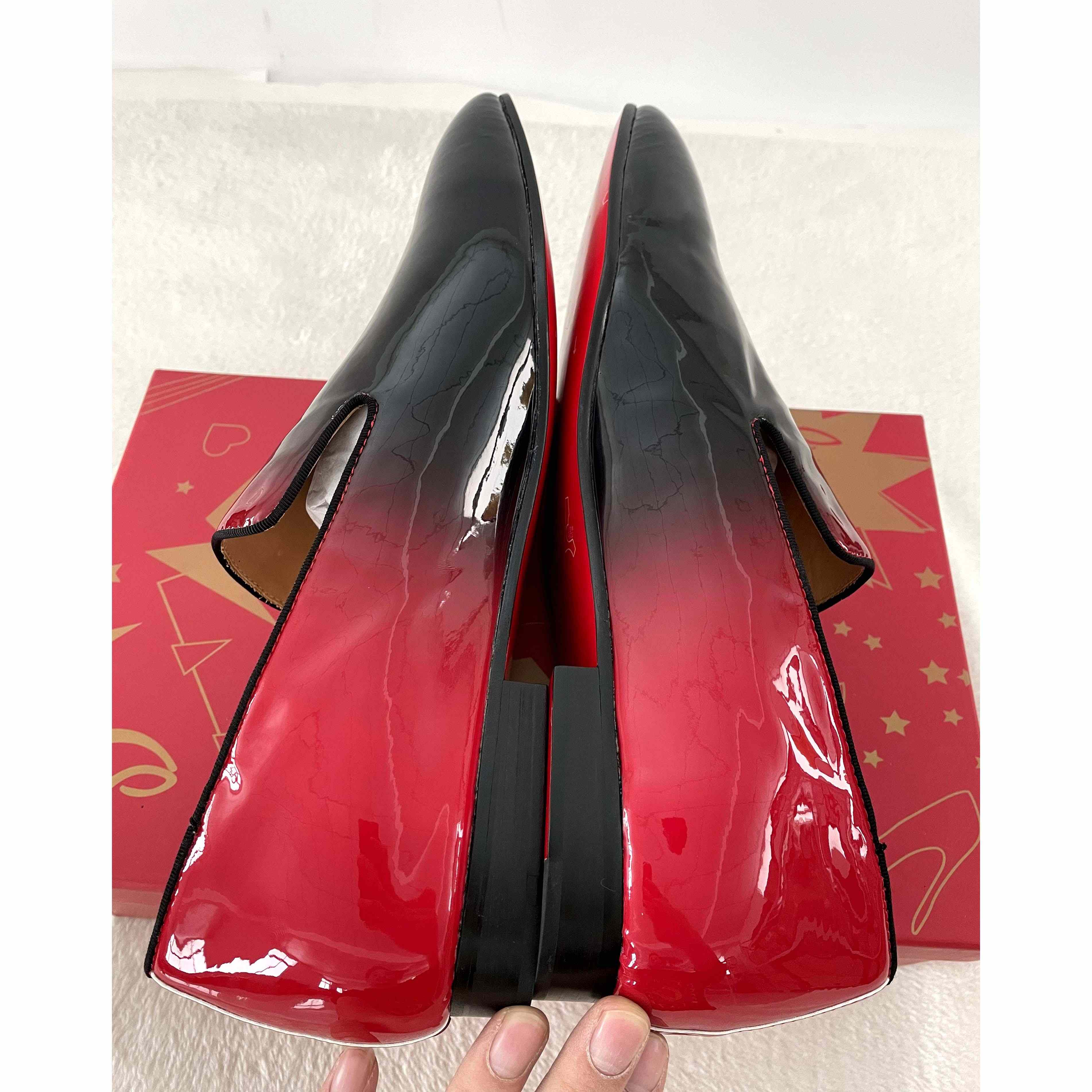 Christian Louboutin Black Red Patent leather Loafers Dress Shoes - DopestKickz