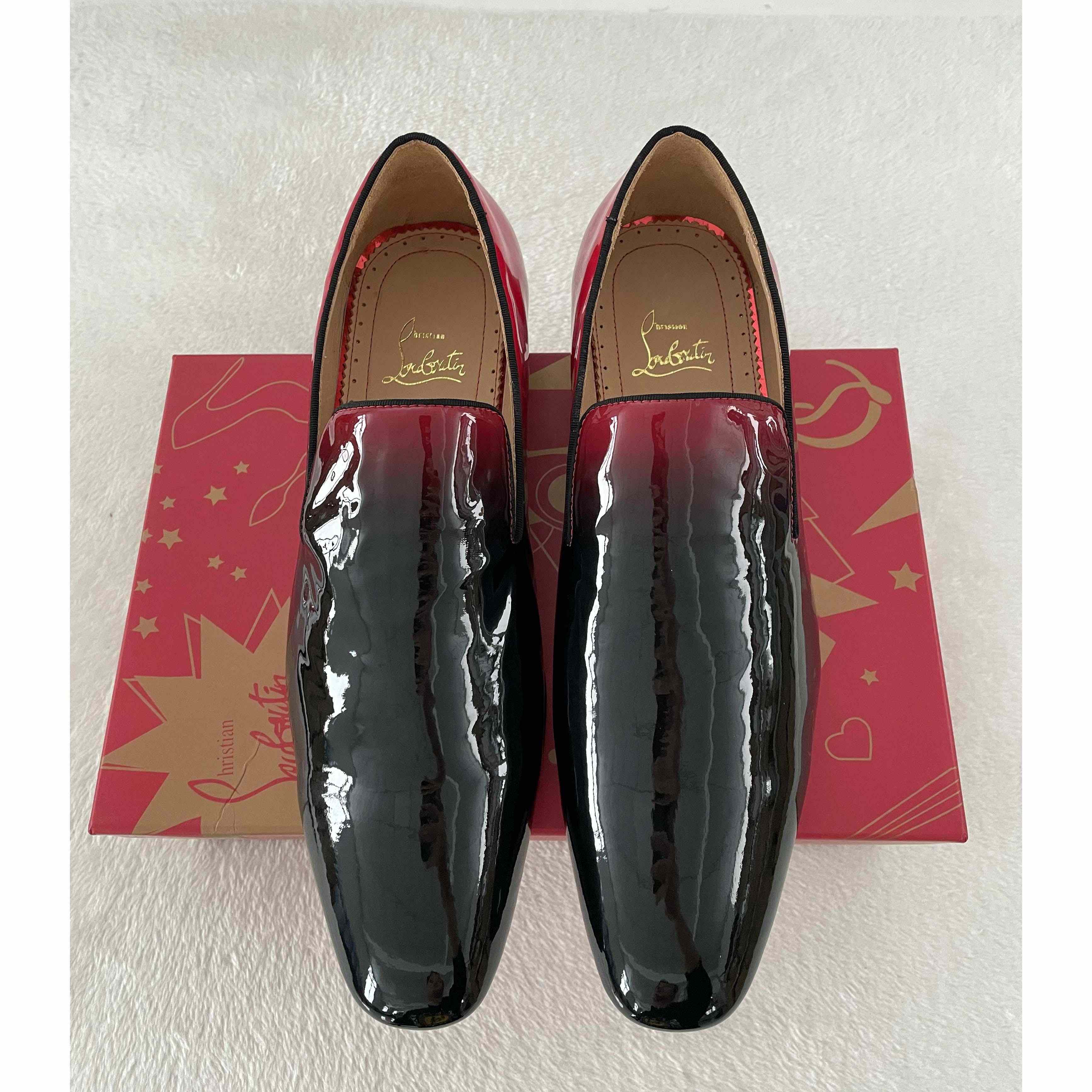 Christian Louboutin Black Red Patent leather Loafers Dress Shoes - DopestKickz
