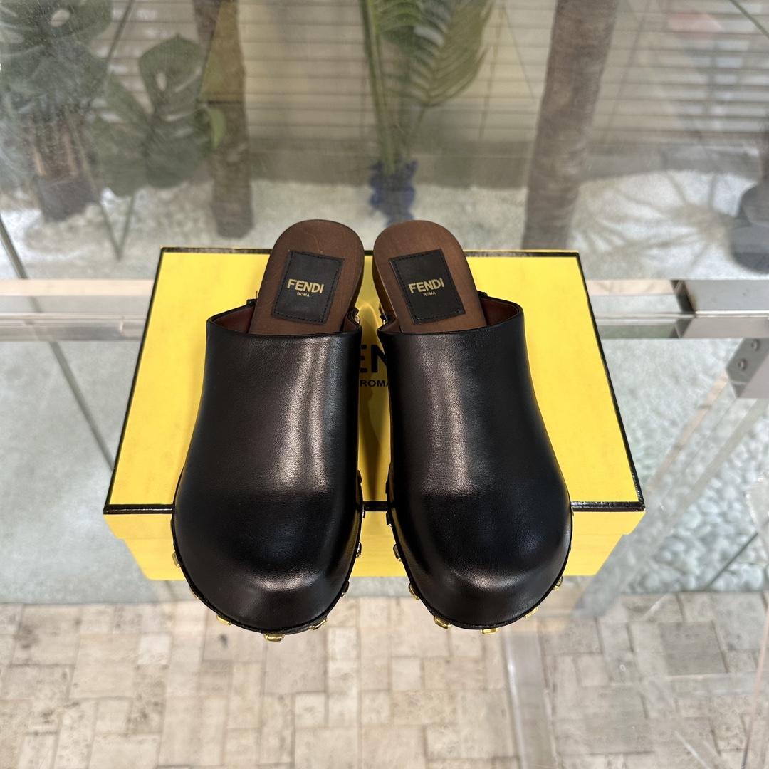 Fendi Baguette Show Black Leather Medium-heel Clogs - DopestKickz
