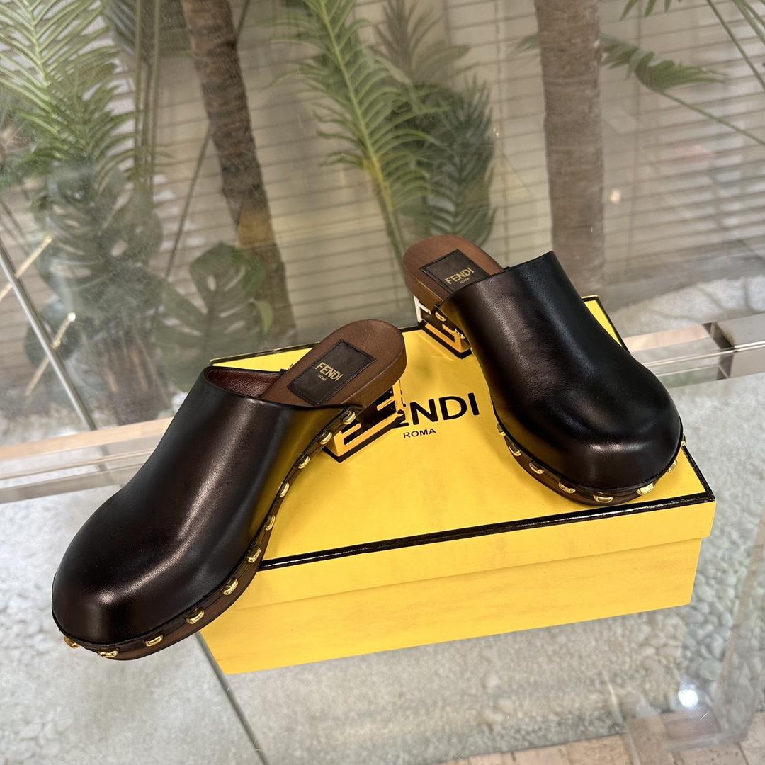 Fendi Baguette Show Black Leather Medium-heel Clogs - DopestKickz
