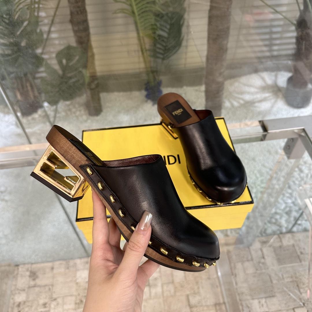 Fendi Baguette Show Black Leather Medium-heel Clogs - DopestKickz