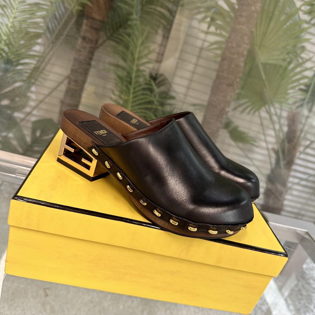 Fendi Baguette Show Black Leather Medium-heel Clogs - DopestKickz