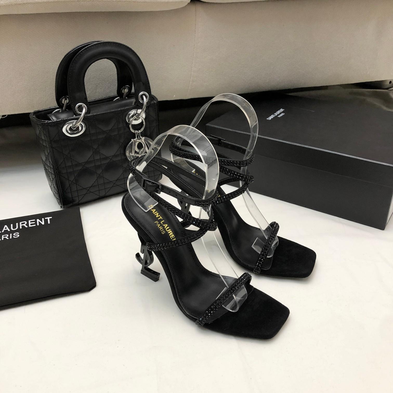 Saint Laurent Opyum Sandals In Crepe Satin And Rhinestones - DopestKickz