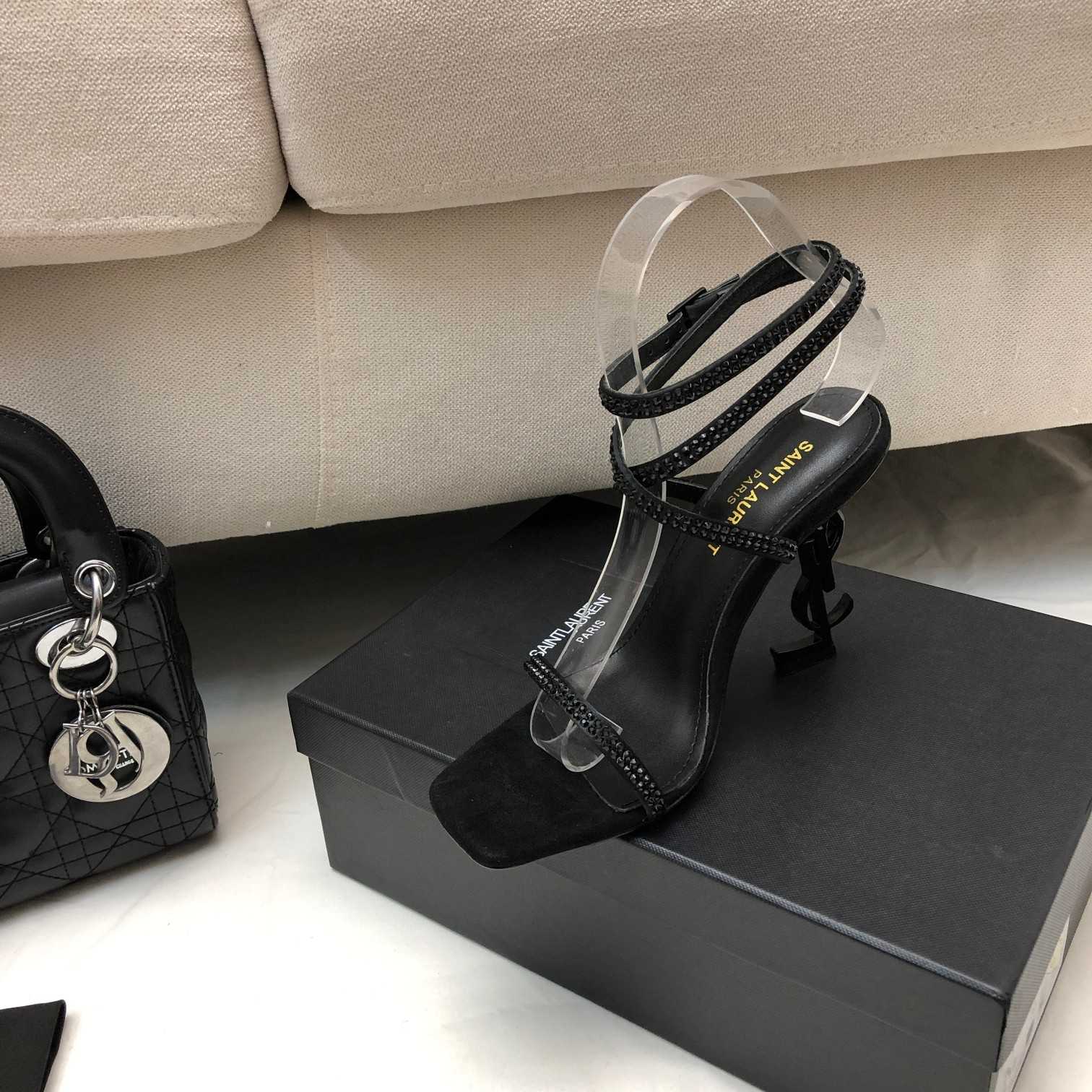 Saint Laurent Opyum Sandals In Crepe Satin And Rhinestones - DopestKickz