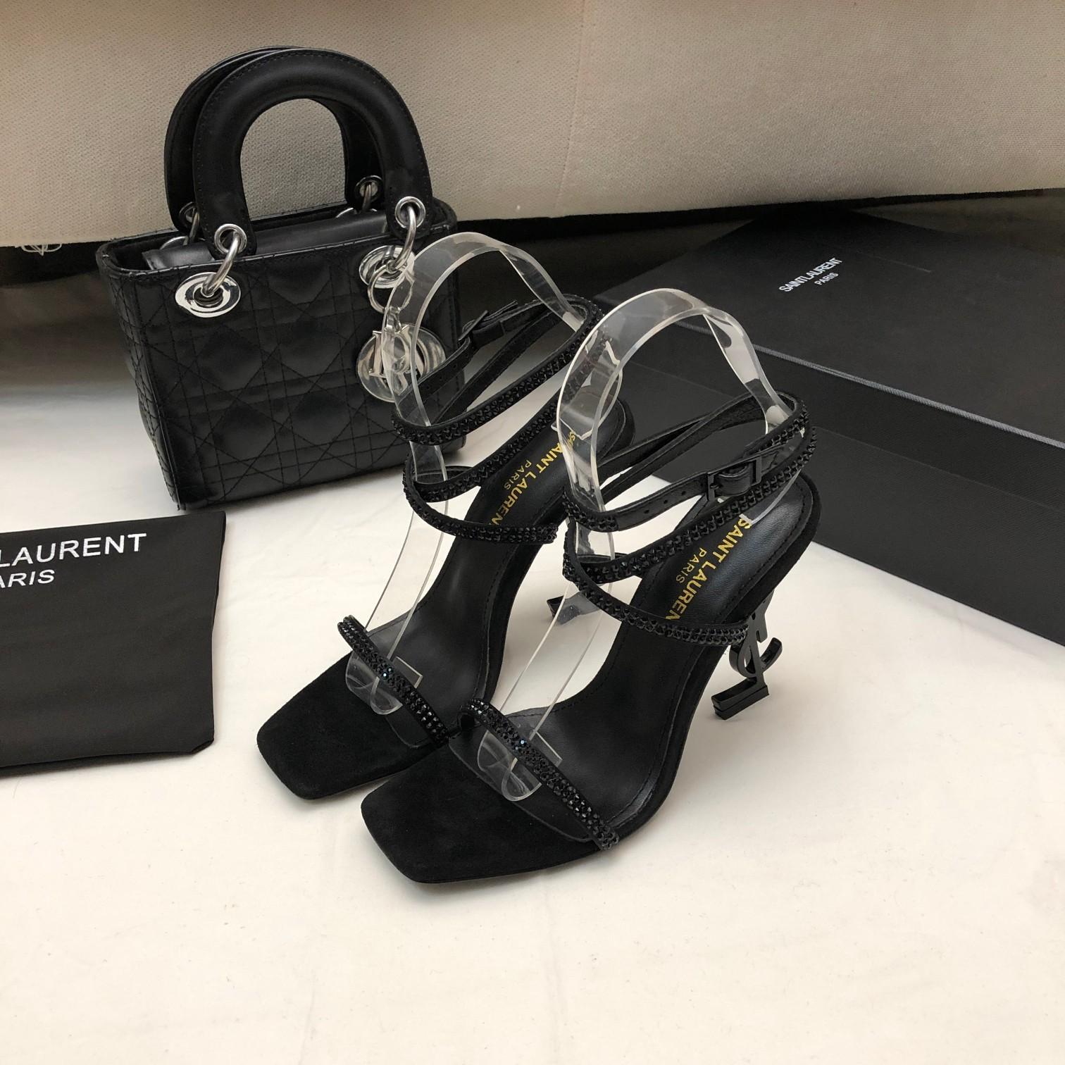 Saint Laurent Opyum Sandals In Crepe Satin And Rhinestones - DopestKickz