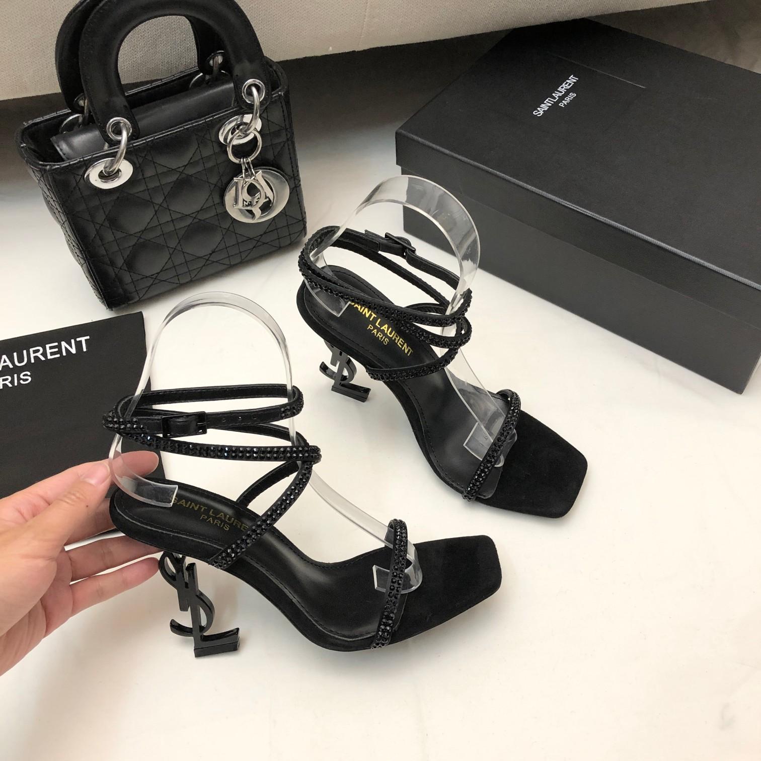 Saint Laurent Opyum Sandals In Crepe Satin And Rhinestones - DopestKickz