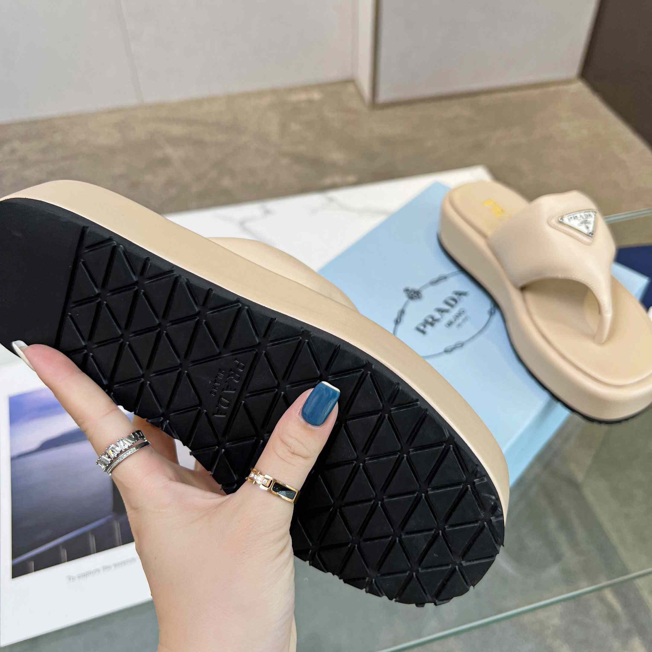 Prada Soft Padded Nappa Leather Thong Wedge Sandals - DopestKickz