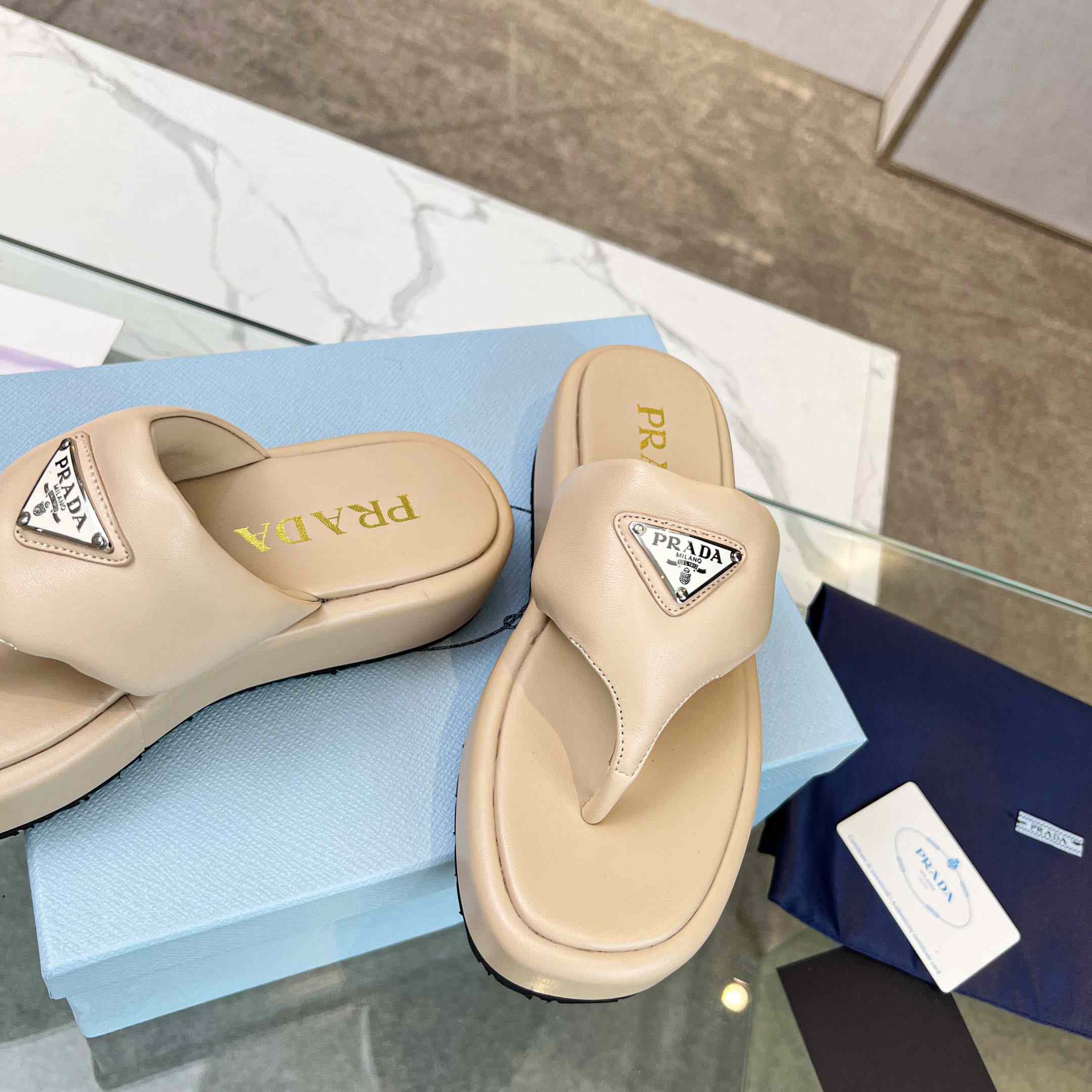Prada Soft Padded Nappa Leather Thong Wedge Sandals - DopestKickz