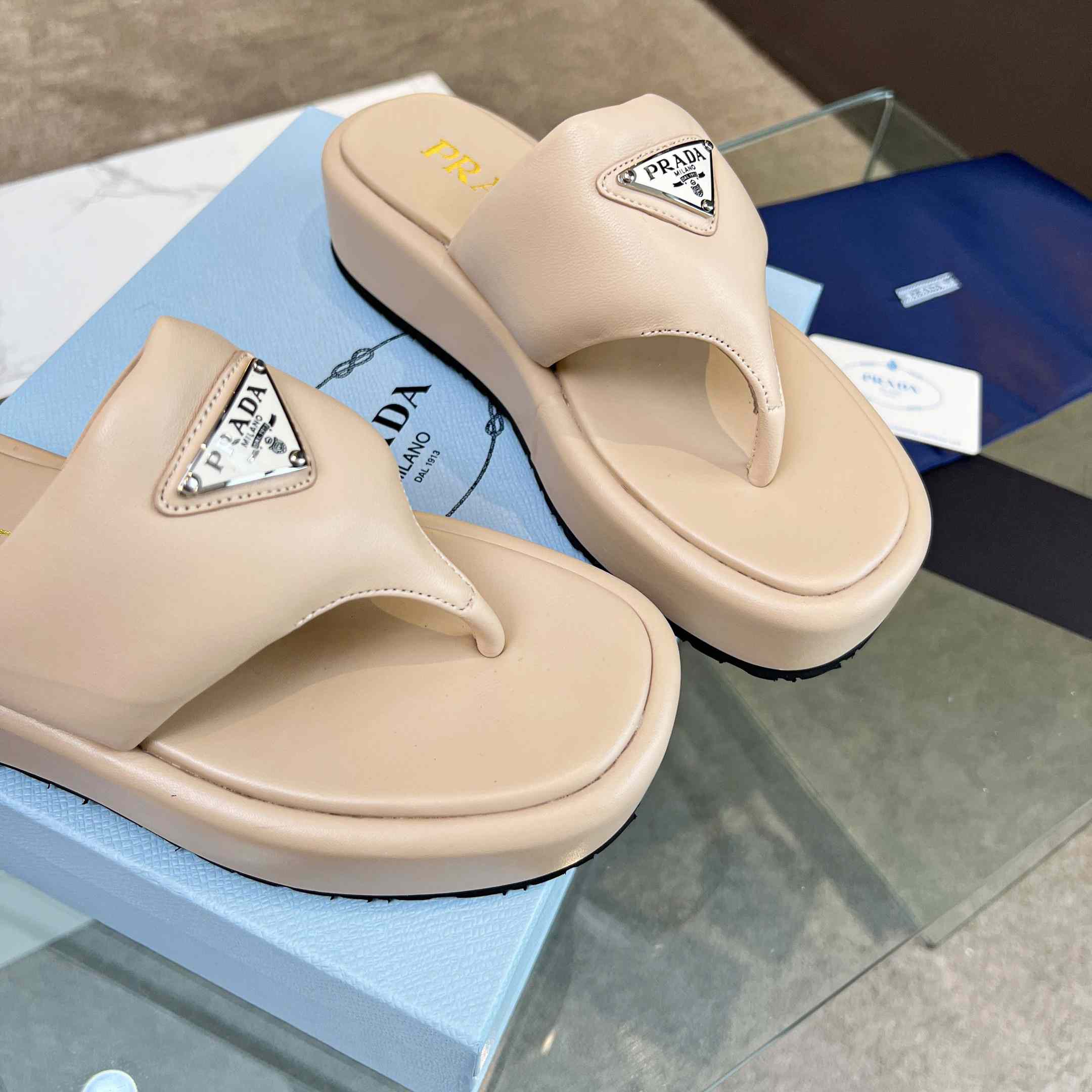 Prada Soft Padded Nappa Leather Thong Wedge Sandals - DopestKickz
