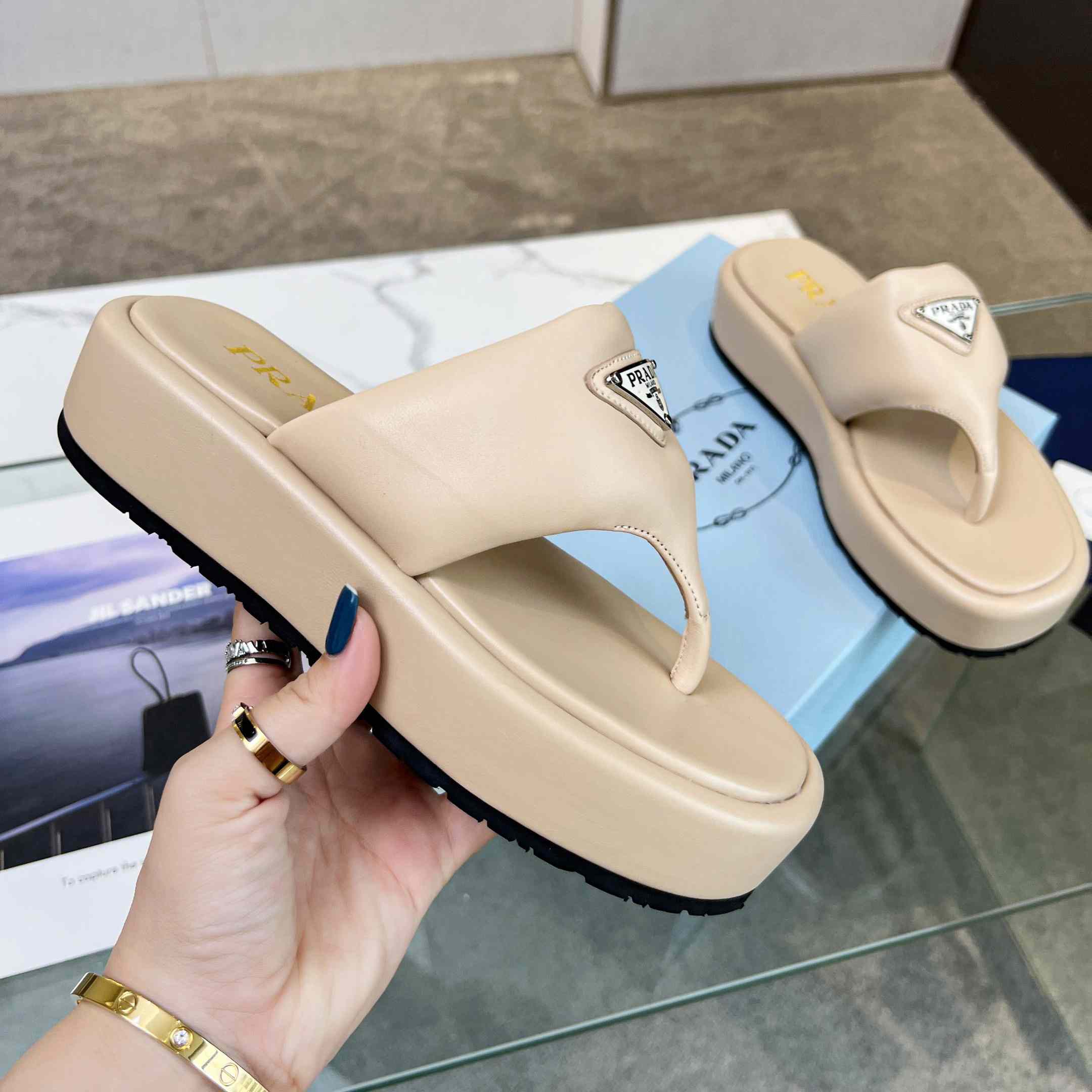Prada Soft Padded Nappa Leather Thong Wedge Sandals - DopestKickz