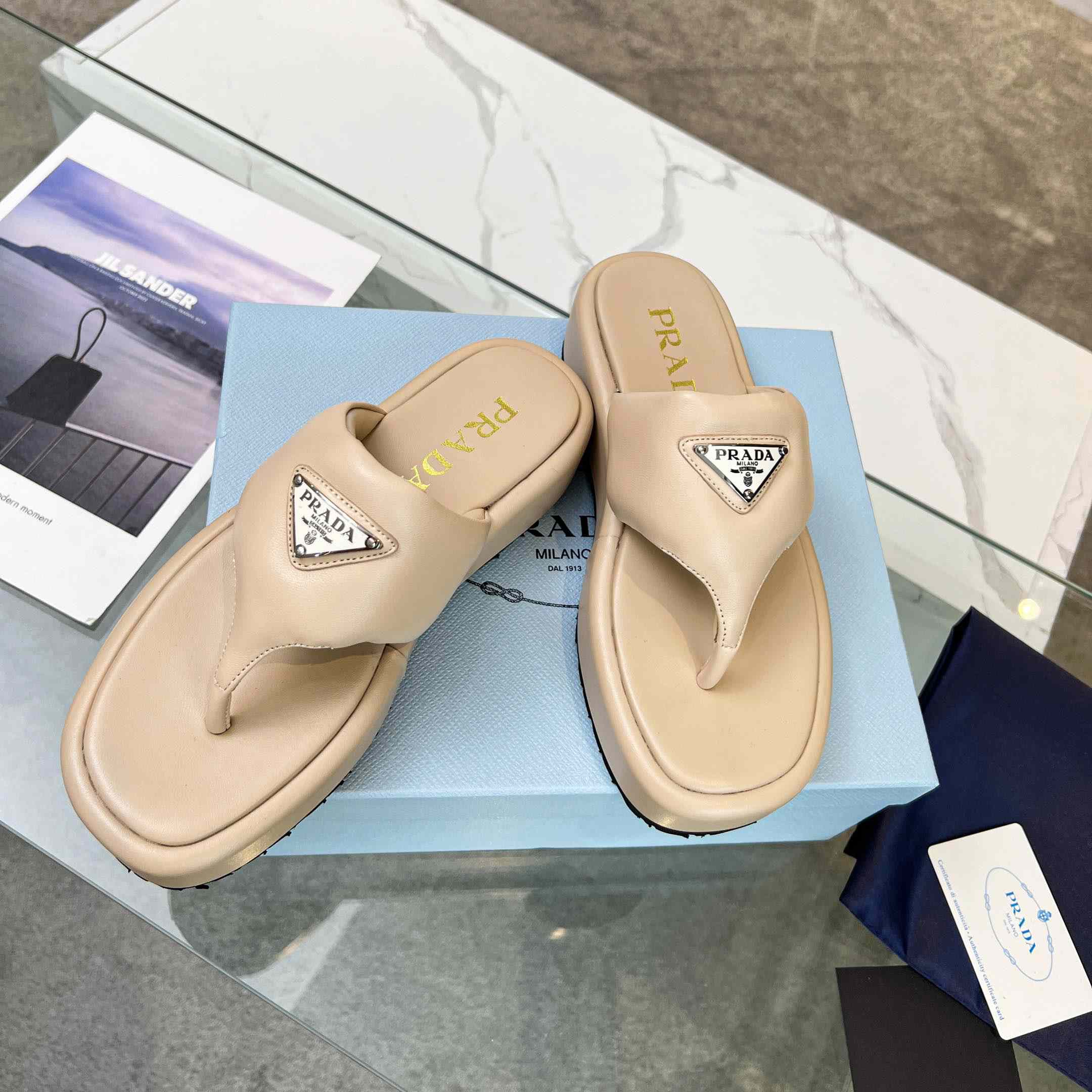 Prada Soft Padded Nappa Leather Thong Wedge Sandals - DopestKickz