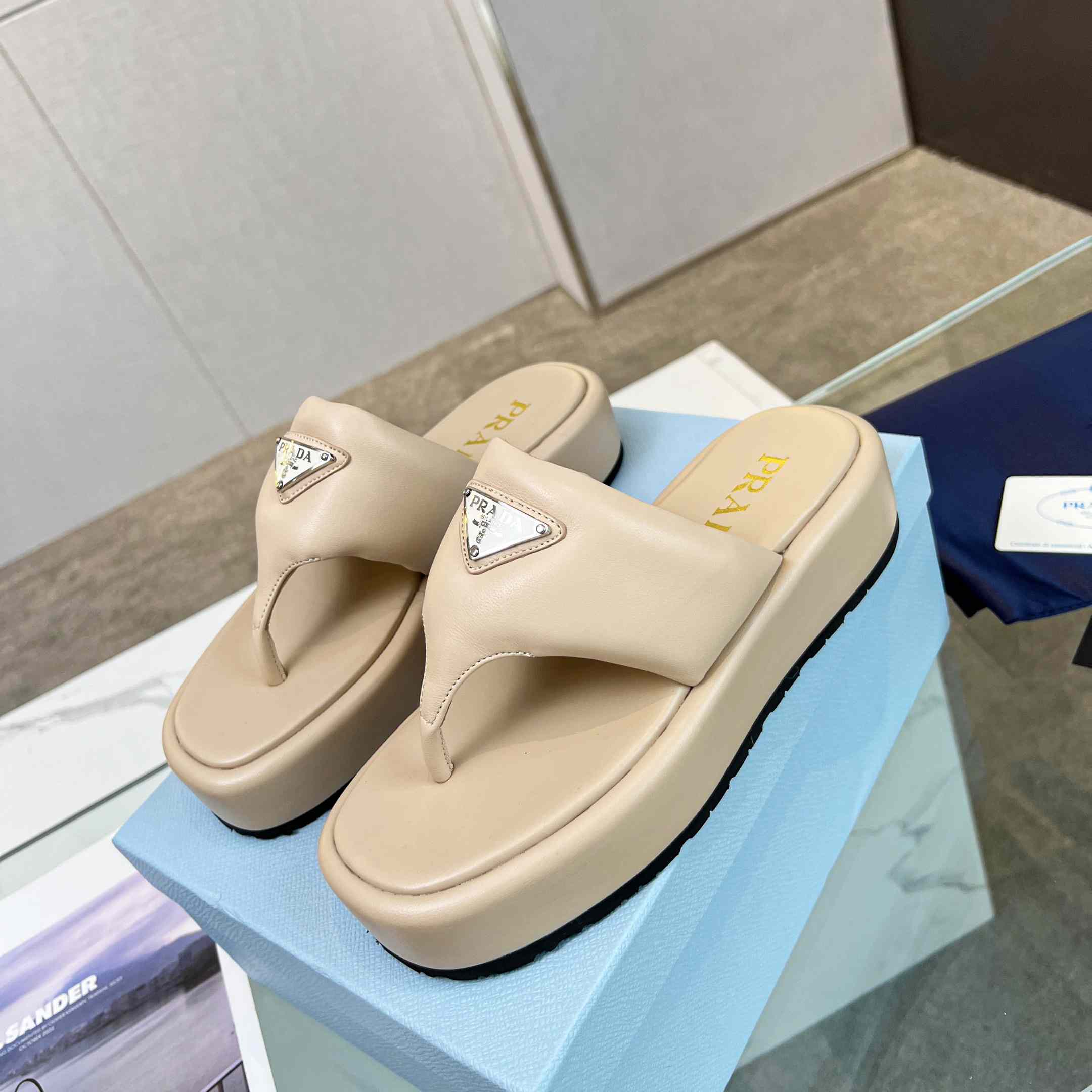 Prada Soft Padded Nappa Leather Thong Wedge Sandals - DopestKickz