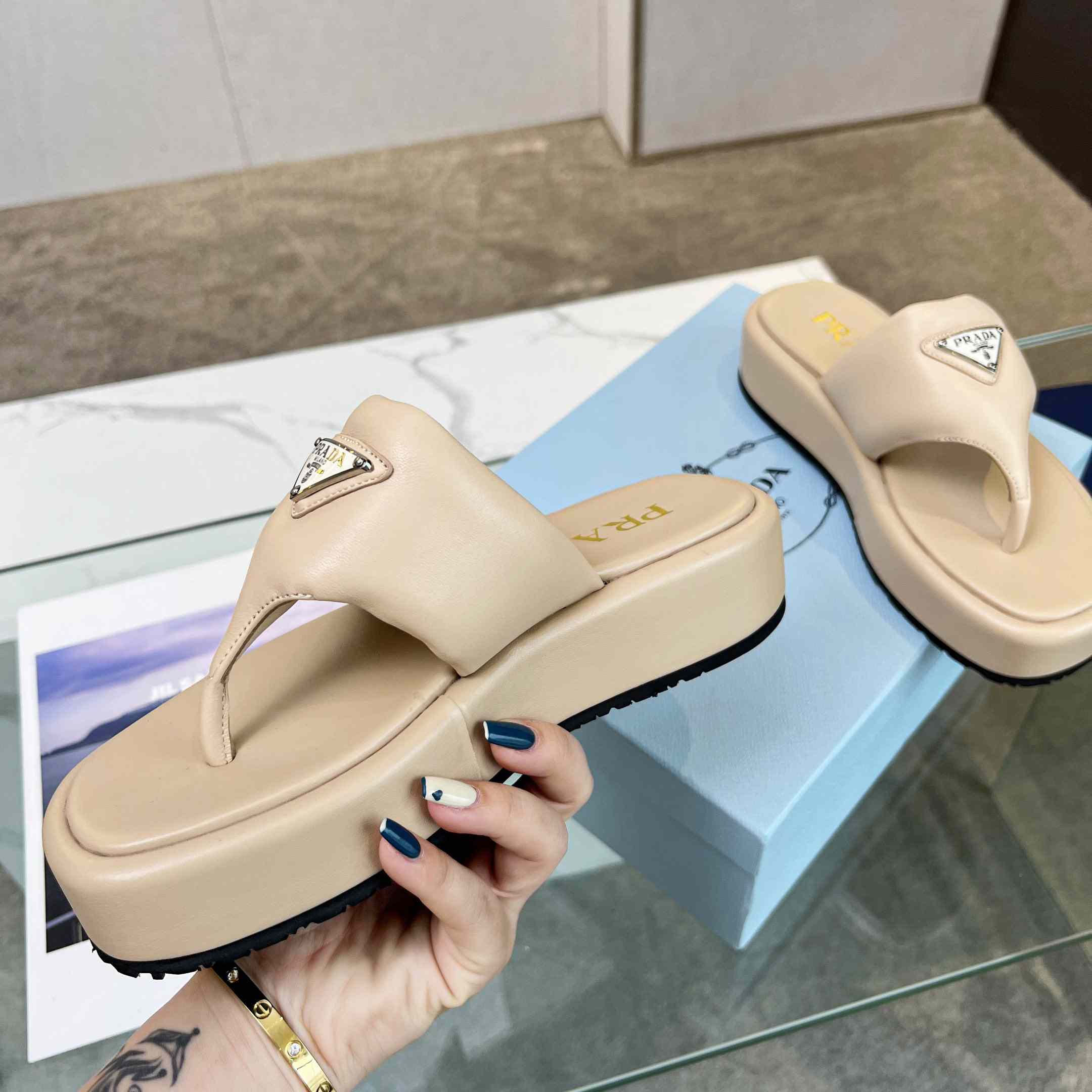 Prada Soft Padded Nappa Leather Thong Wedge Sandals - DopestKickz