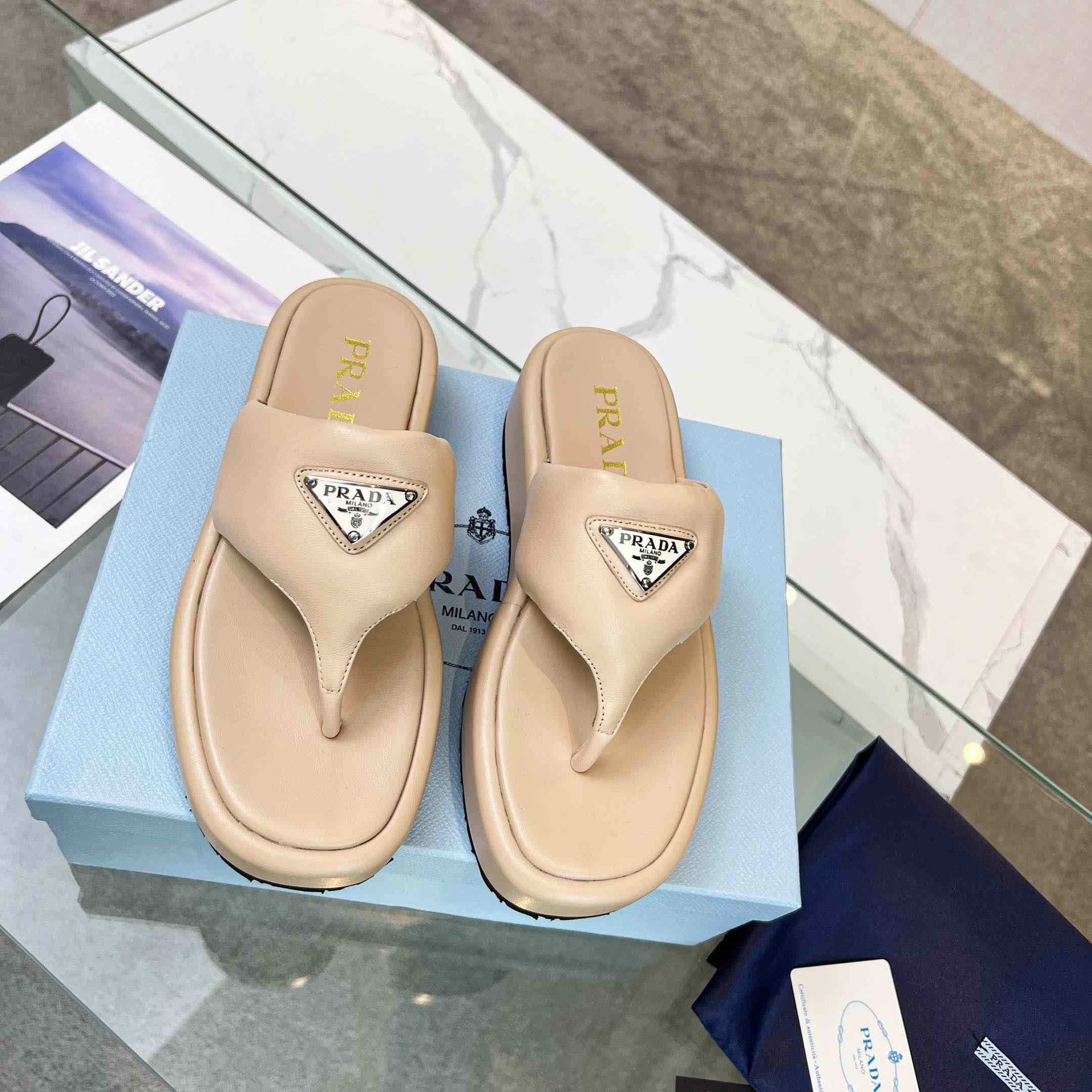 Prada Soft Padded Nappa Leather Thong Wedge Sandals - DopestKickz