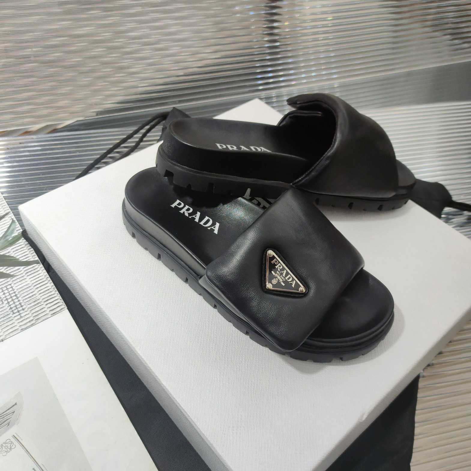 Prada Soft Padded Nappa Leather Slides - DopestKickz