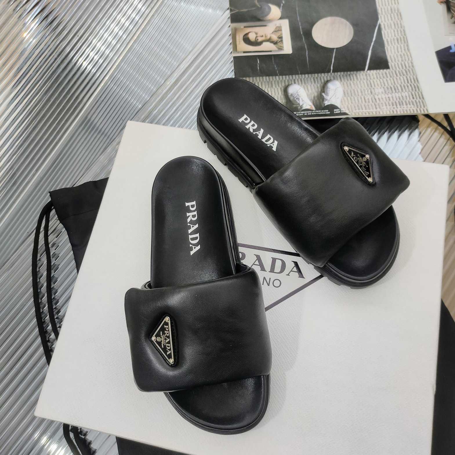 Prada Soft Padded Nappa Leather Slides - DopestKickz