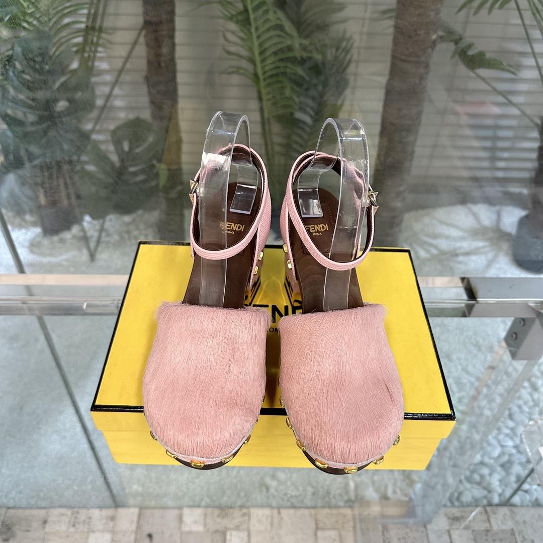 Fendi Baguette Show Pink pony Hair High-heeled Clogs - DopestKickz