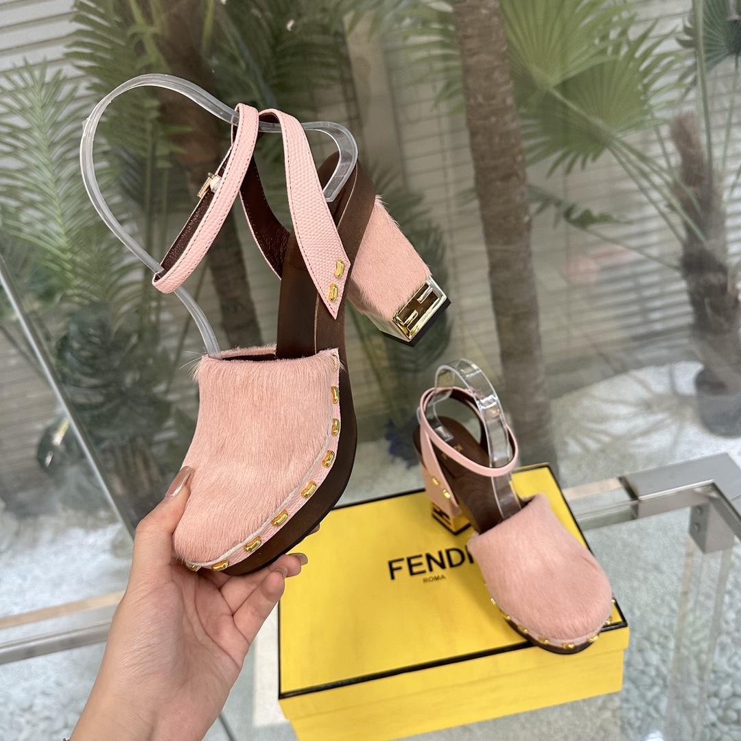 Fendi Baguette Show Pink pony Hair High-heeled Clogs - DopestKickz
