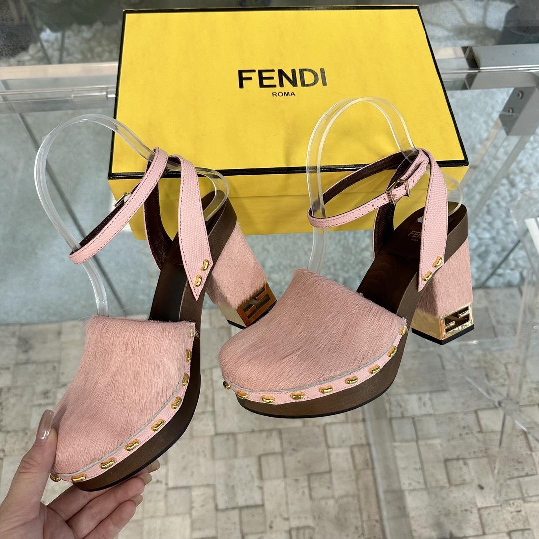 Fendi Baguette Show Pink pony Hair High-heeled Clogs - DopestKickz