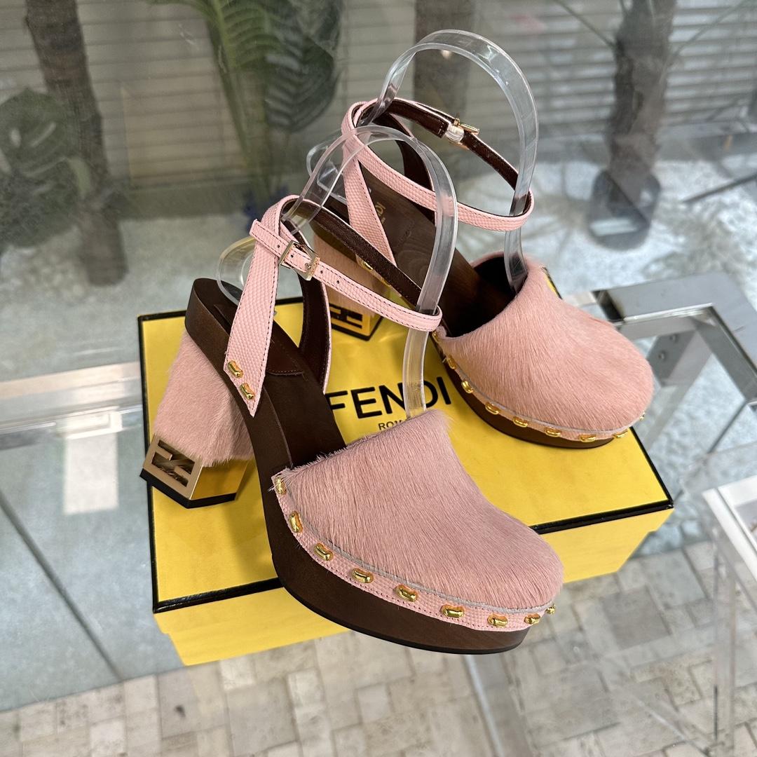 Fendi Baguette Show Pink pony Hair High-heeled Clogs - DopestKickz