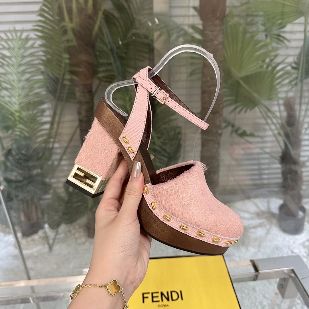 Fendi Baguette Show Pink pony Hair High-heeled Clogs - DopestKickz