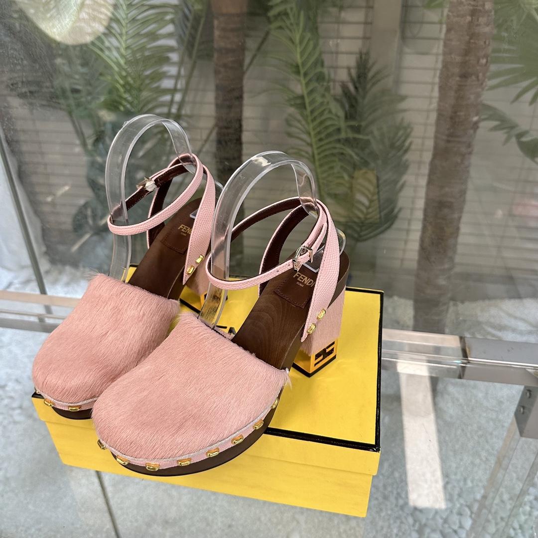 Fendi Baguette Show Pink pony Hair High-heeled Clogs - DopestKickz