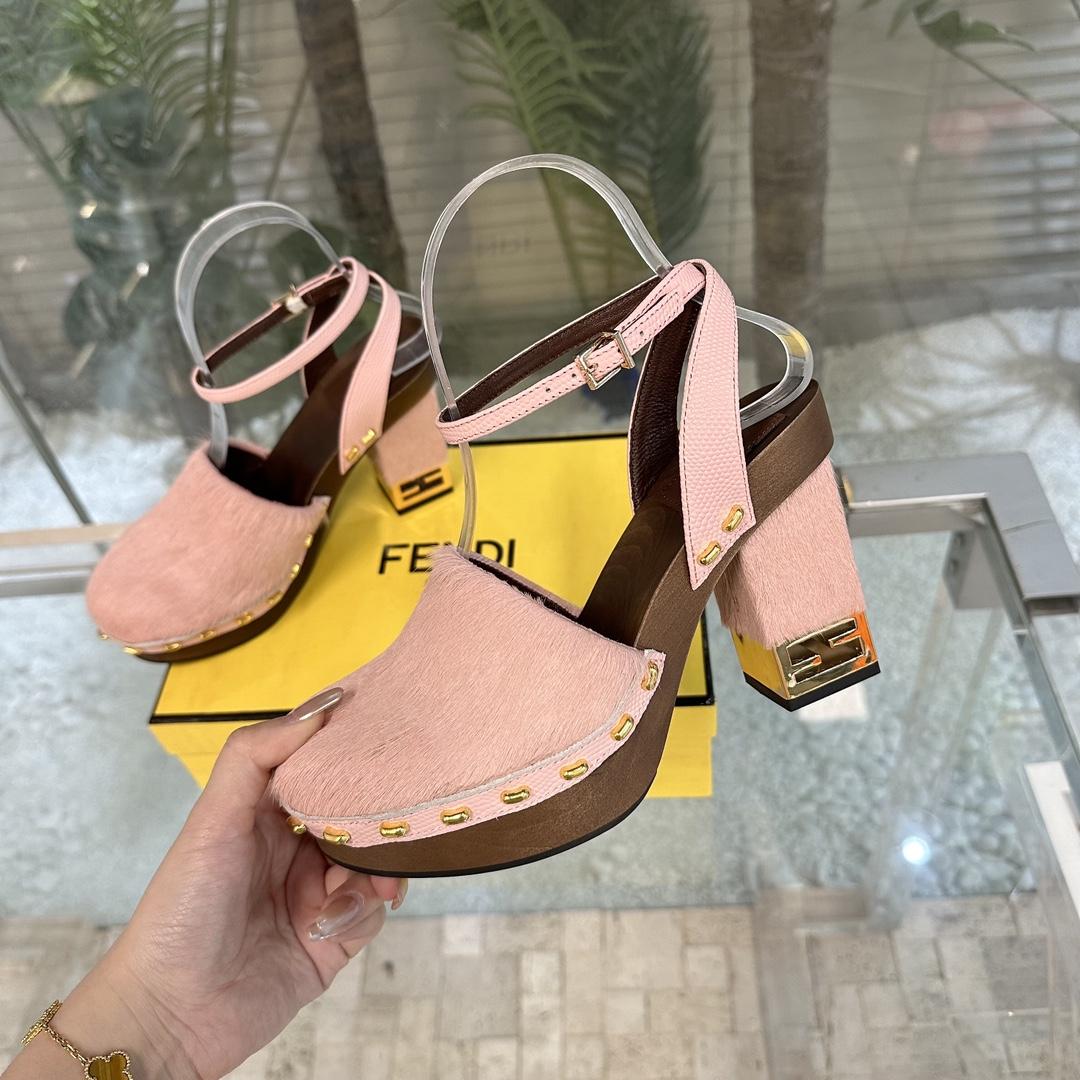 Fendi Baguette Show Pink pony Hair High-heeled Clogs - DopestKickz