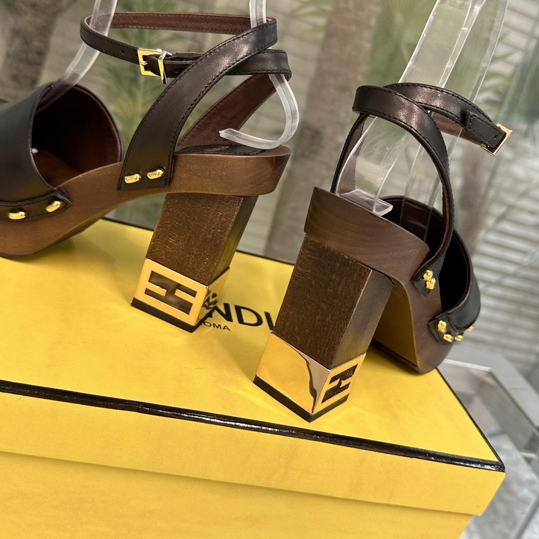 Fendi Baguette Show Black Leather High-heeled Clogs - DopestKickz