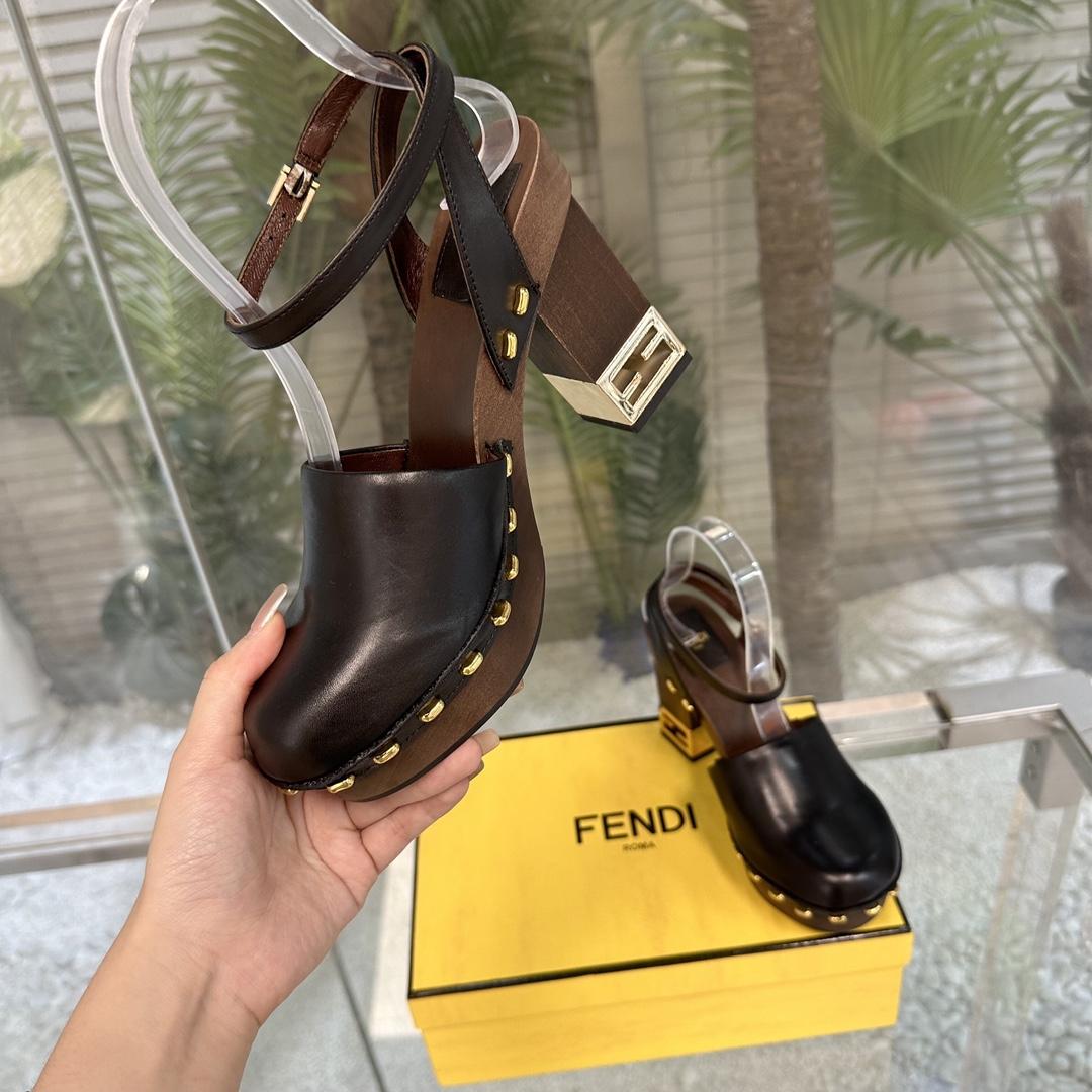 Fendi Baguette Show Black Leather High-heeled Clogs - DopestKickz