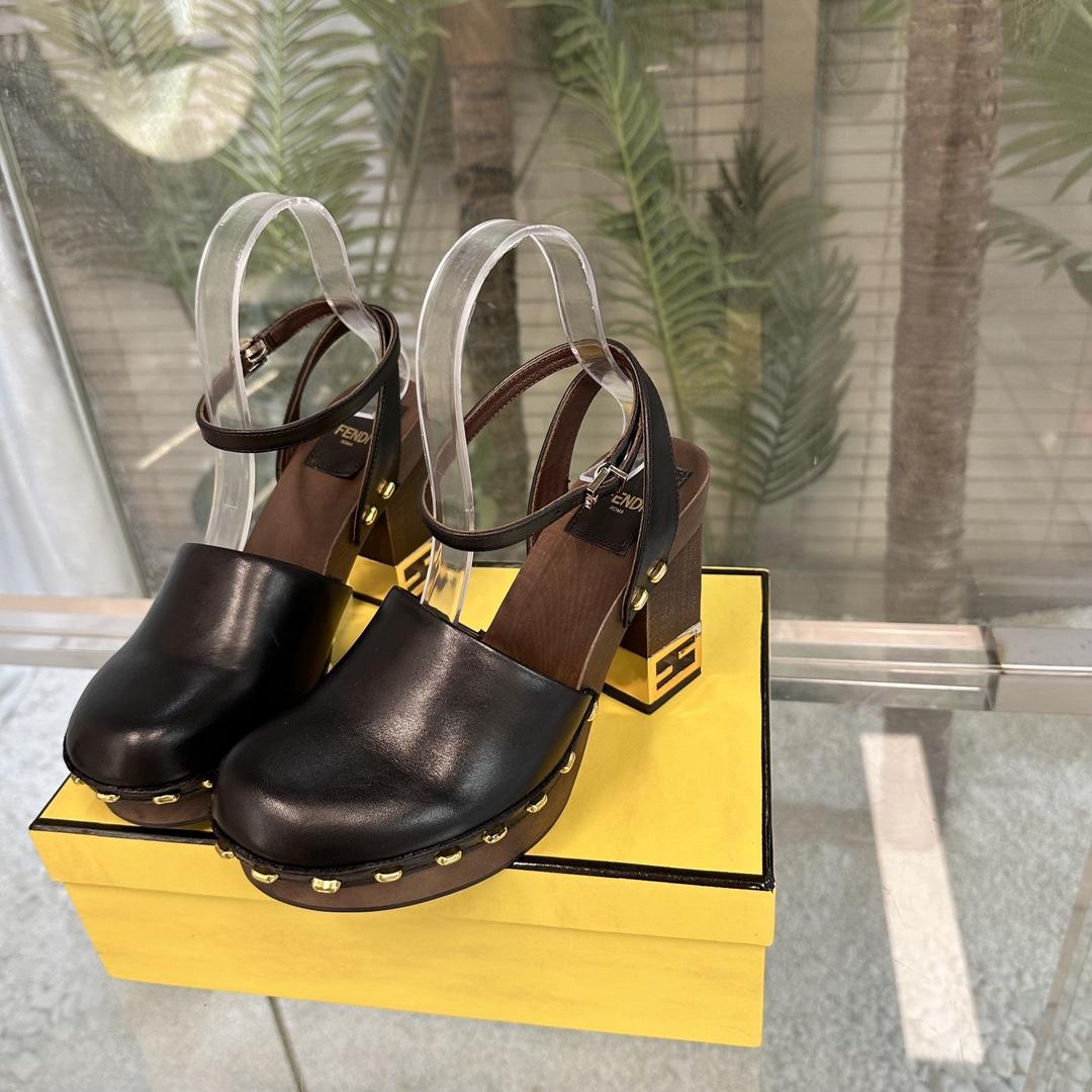 Fendi Baguette Show Black Leather High-heeled Clogs - DopestKickz