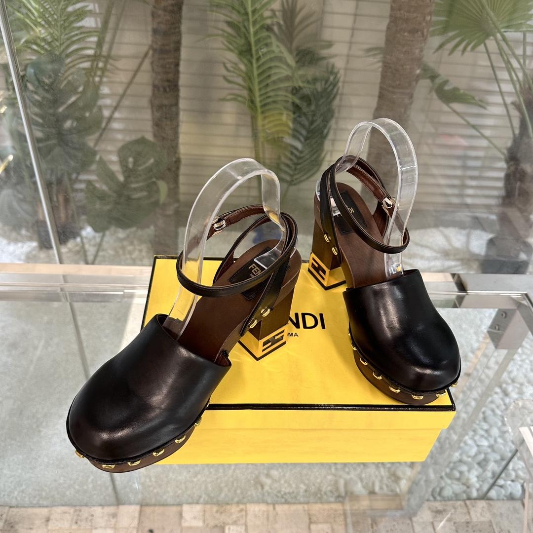 Fendi Baguette Show Black Leather High-heeled Clogs - DopestKickz