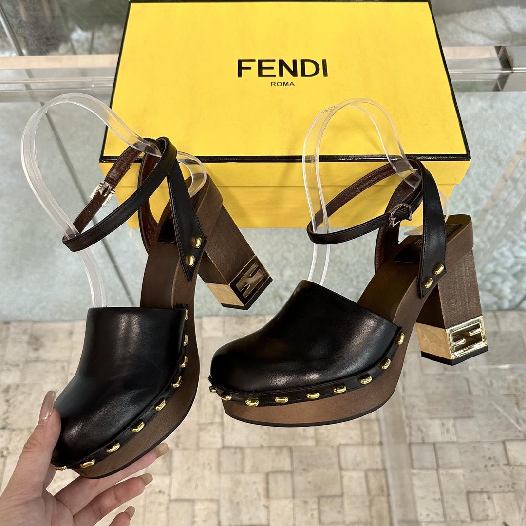 Fendi Baguette Show Black Leather High-heeled Clogs - DopestKickz