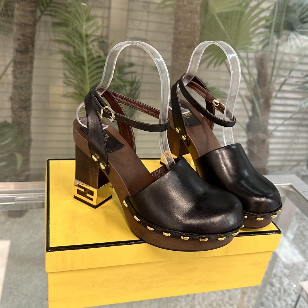 Fendi Baguette Show Black Leather High-heeled Clogs - DopestKickz