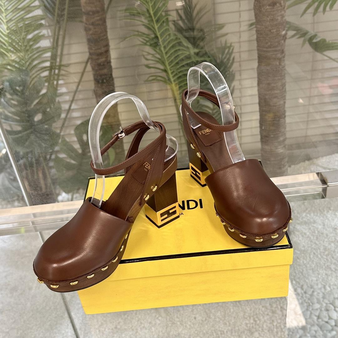 Fendi Baguette Show Brown Leather High-heeled Clogs - DopestKickz