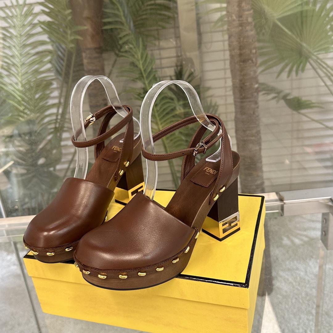 Fendi Baguette Show Brown Leather High-heeled Clogs - DopestKickz