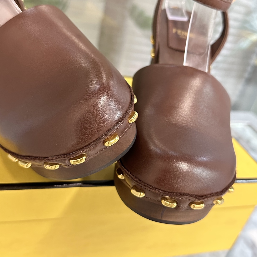 Fendi Baguette Show Brown Leather High-heeled Clogs - DopestKickz