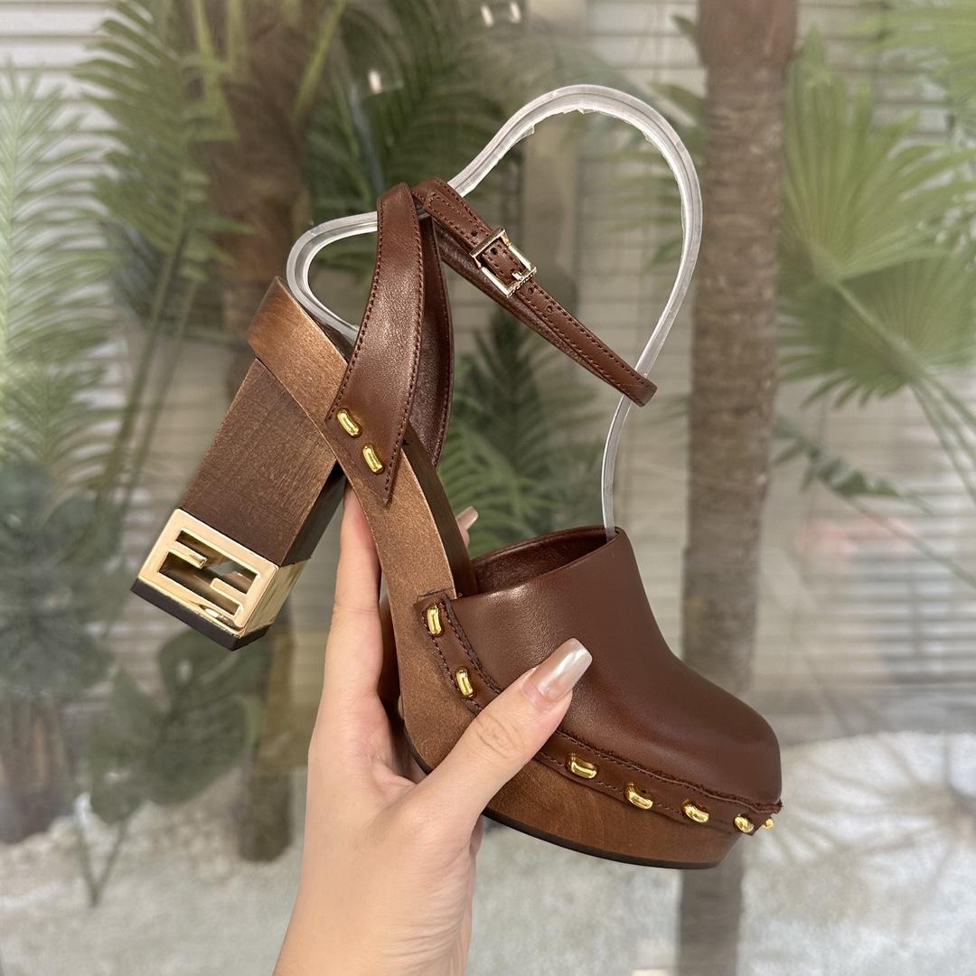 Fendi Baguette Show Brown Leather High-heeled Clogs - DopestKickz
